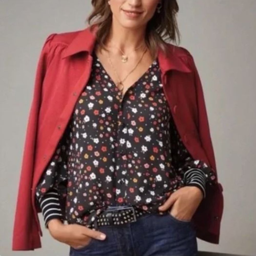 Heart of Cabi Cheerful Blouse Sz Small Black Floral Stripe Style #3957